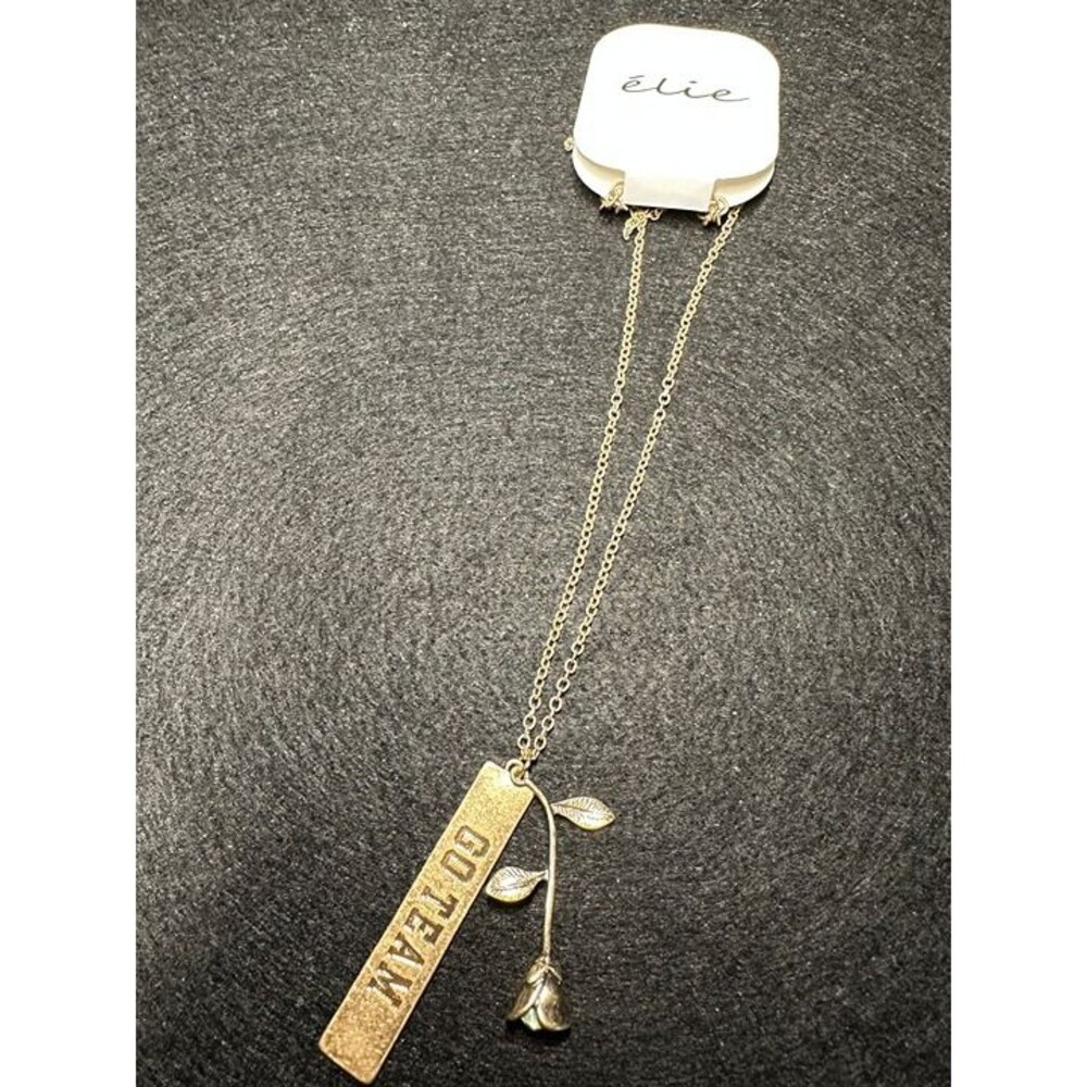 élie Gold GO TEAM Bar Pendant Necklace Rose Leaf Charm NWT New Boho Jewelry Gift
